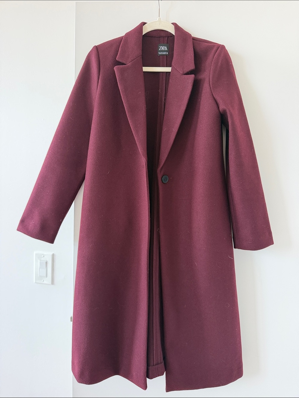 ZARA Burgundy Single-Button Wool-Blend Long Coat